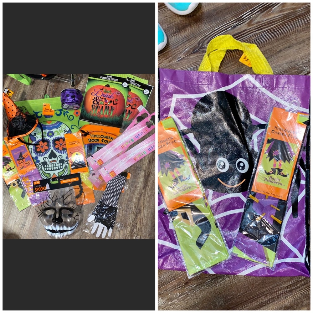 NWT HALLOWEEN SUGAR SKULL PARTY DECOR COSTUME LOT 17 FLAGS TOTES MASK HAT GLOVES